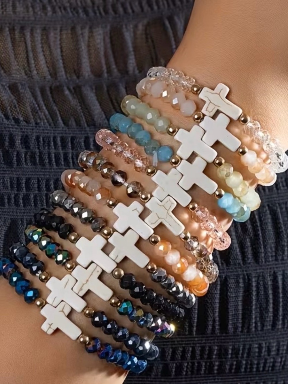 Multi-Color Beaded Cross Stretch Bracelet- Random Color - Price for 1 Bracelet - Picture 3 of 5